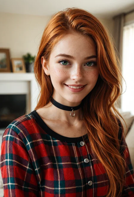 score_9, score_8_up, score_7_up, high detailed texture, photograph, realistic,
upper body, close up, cute woman, beautiful, 20 years old, dreamy, green eyes, freckles, soft smile, shoulder length ginger hair at side, living room, flannel shirt, black choker