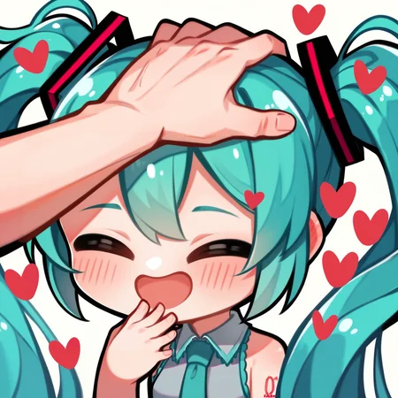 score_9, score_8_up, score_8, Emote , high quality, high res , highly detailed hair , highly detailed face, white background, chibi ,
hatsune miku,headpat,hand on head,eyes closed from joy,hearts,side view,1girl
<lora:merge2:0.8>
