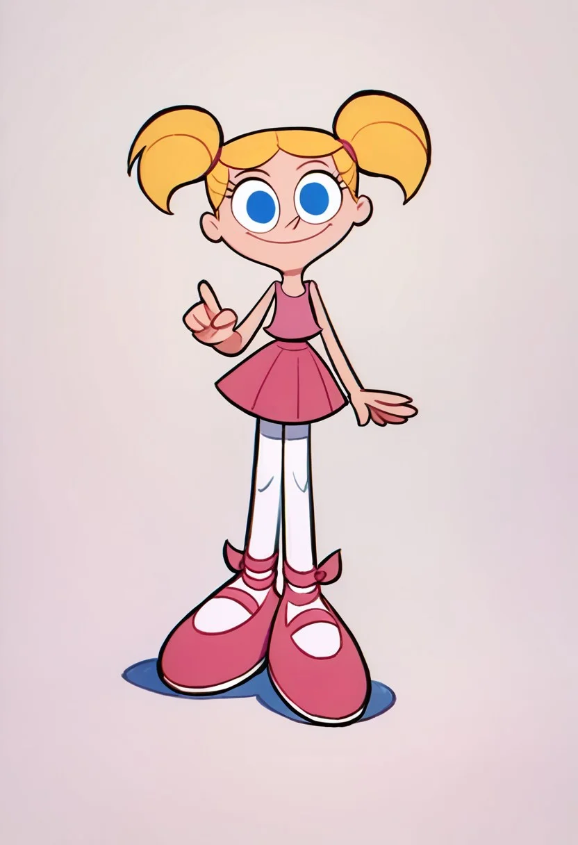 score_9, score_8_up, score_7_up BREAK DeeDeeDL, 1girl, blonde pigtails, blue eyes, pink tank top, pink skirt, white tights, pink ballet shoes, smiling at viewer, solo, solo focus,