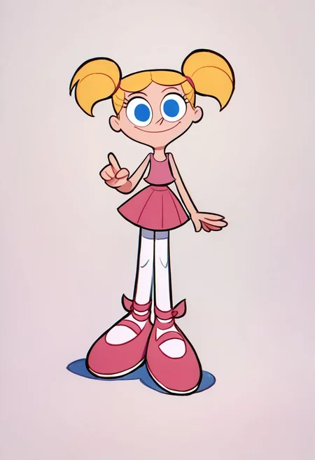 score_9, score_8_up, score_7_up BREAK DeeDeeDL, 1girl, blonde pigtails, blue eyes, pink tank top, pink skirt, white tights, pink ballet shoes, smiling at viewer, solo, solo focus,