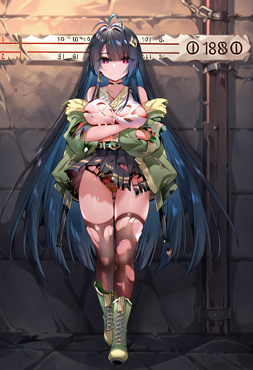 detailed background, detailed face, detailed eyes, detailed skin, masterpiece, best quality, absurdes, highres, <lora:Liu_Feixue:1>, Liu Feixue, 1girl, solo, very long hair, black hair, multicolored hair, blue hair, ahoge, bangs, antenna hair, hair ornament, red eyes, large breasts, bare shoulders, blue nail polish, earring, torn green jacket, torn white shirt, black choker, black belt, torn white skirt, pleated skirt, torn black thighhighs, black panties, green boots, standing, in front of ruler on wall, height wall, holding bottom of breast, arms crossed, looking at viewer, full body shot