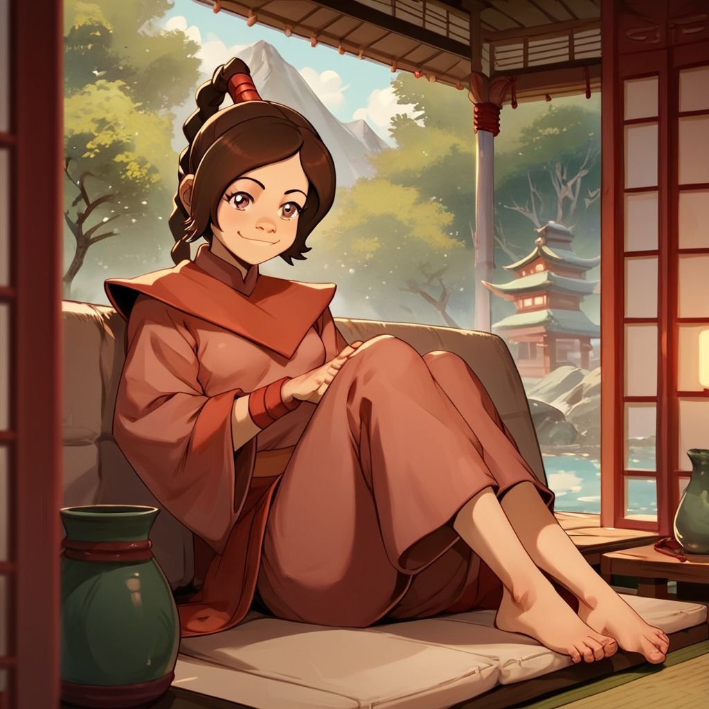 score_9, score_8_up, score_7_up, score_6_up, score_5_up, score_4_up, rating_questionable, Ty Lee, in a Japanese house, sitting on a couch, barefoot, small smile