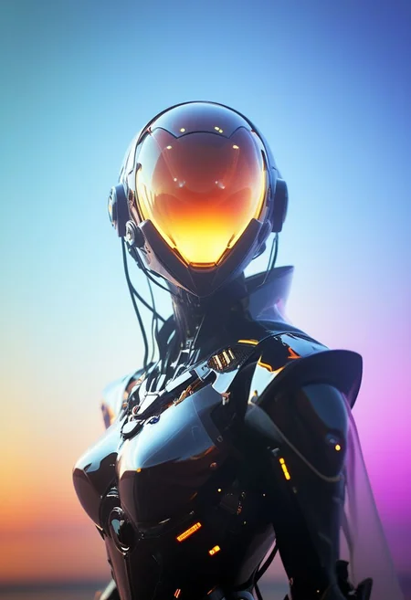 resembling intricately-detailed daft punk, an excentric laughing feudal wired-cyborg hkfuture Rococo shinobi, vibrant translucent DARK-AMBER colorful, 80s synthwave style, translucent red velvet high collar blouse, the face shrouded in darkness, a Large hooded Linen Cape with Highlights and Ornaments, volumetric lighting, 4esthet1c background, ultra detailed, deep Blacks, very detailed, atmospheric haze, Film grain, cinematic film still, shallow depth of field, highly detailed, high budget, cinemascope, moody, epic