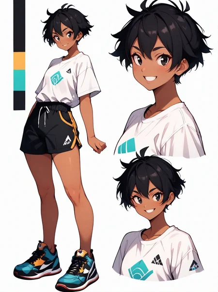 highres, hi res, best quality, masterpiece, intricate details, absurdres, 4k,, CharacterDesignIllustrious, reference sheet, simple white background, color guide, (3 views, multiple views), (full body:1),
1girl, tomboy, dark skin, short hair, shorts, white shirt, band, happy, black eyes, simple black background, dynamic pose, sexy,
<lora:CharacterDesignIllustrious_Concept-10V2:1>,