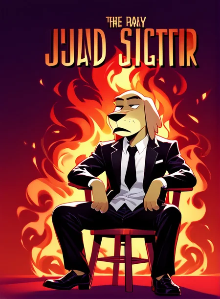 English text, Challenge text, text says challenge, score_9,score_8_up,score_7_up,score_6_up,score_5_up, bad quality, bad anatomy, disfigure, shaded face, ugly, sitting, solo, pants, 1other, male focus, black pants, shirt, suit, necktie, stool, formal, abstract, black jacket, long sleeves, collared shirt, (terreneitor, fire, smoke, abstract), dog, sharped teeths, chapter cover, English text, , <lora:5d5b54ef-6e53-485f-b564-e25b5a772a18:1.0>, <lora:af9ed6f2-8318-4c78-b90b-19d0d3ad1e8c:1.0>
