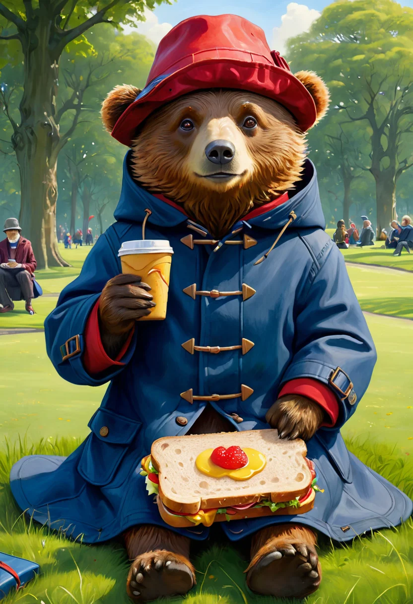 masterpiece, best quality, Paddington, large bear character, (wear red stained bucket hat:1.2), (blue duffle coat:1.2), sit on grass at London's Hydepark, (eat sandwich:1.2), detailed illustration, fantasy art style, vibrant colors, by Paul Kidby, whimsical and humorous, highly detailed, expressive facial features, dynamic pose, 4k resolution, masterpiece digital painting
LoRA 1 add-detail-xl.safetensors : 1.5
LoRA 2 asanagi.safetensors : 0.8
Base Model realcartoonXL_v6.safetensors