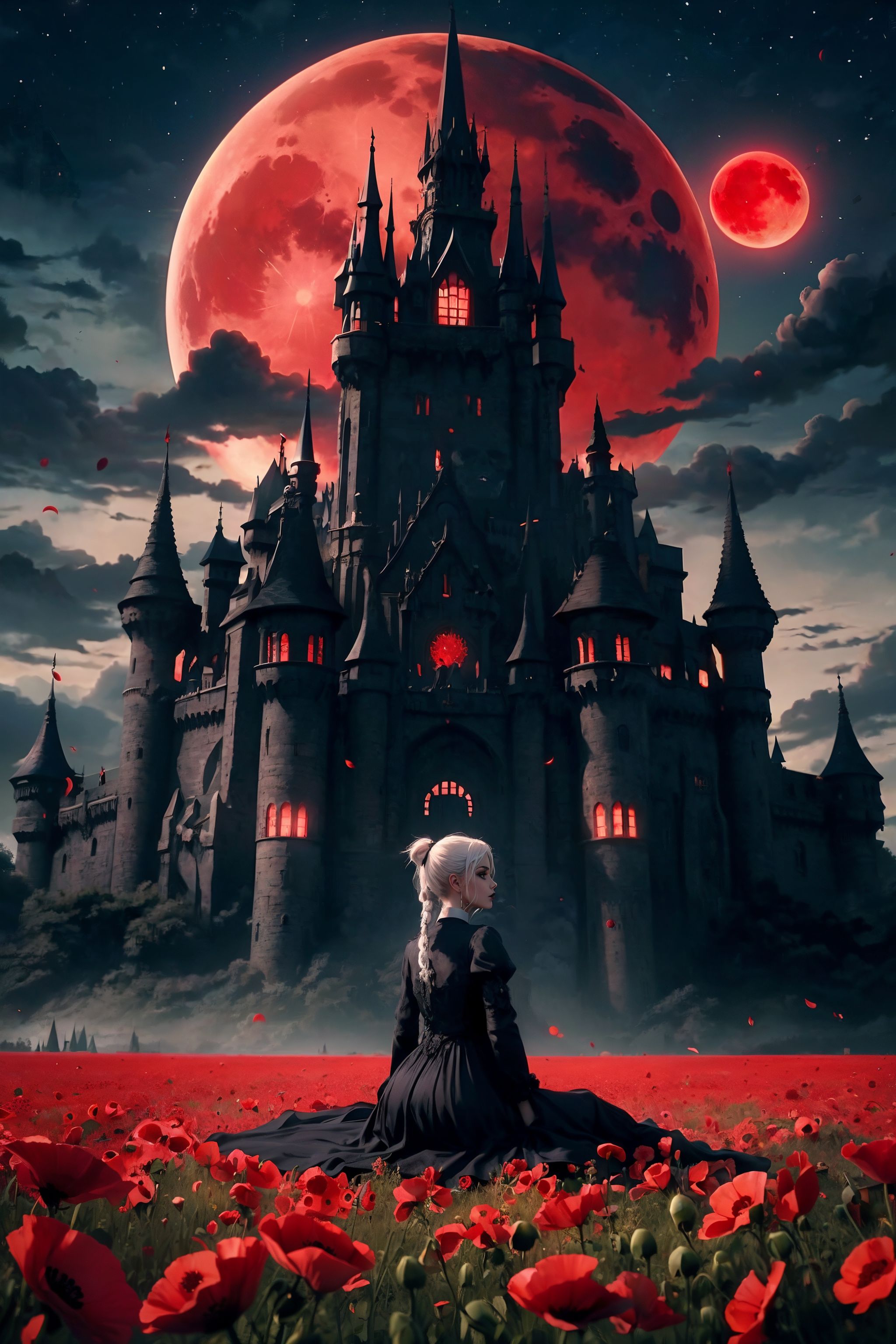 (masterpiece, best quality, high quality:1.3), 1girl in font, sitting, gothicgirl, white hair, black lips, eyeshadow, dress, ornate, small breasts, evilrealm, long ponytail, braided, poppy field, scenery, night sky, cloudy sky, red moon, skull ornament, (castle in back:1.1), dof, ultra detailed, aesthetic, realistic <lora:Evil:0.6>