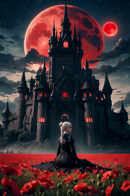 (masterpiece, best quality, high quality:1.3), 1girl in font, sitting, gothicgirl, white hair, black lips, eyeshadow, dress, ornate, small breasts, evilrealm, long ponytail, braided, poppy field, scenery, night sky, cloudy sky, red moon, skull ornament, (castle in back:1.1), dof, ultra detailed, aesthetic, realistic <lora:Evil:0.6>