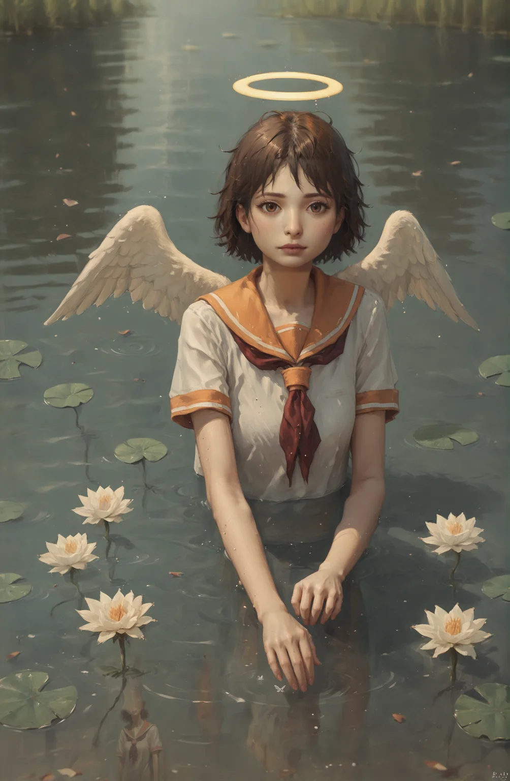 score_9, score_8_up, score_7_up, score_6_up, outside, bees, lake, water, (swamp:1.1), (detailed background:1.1), <lora:d4rk01lXLP:0.8>
angel wings, brown eyes, brown hair, haibane renmei, halo, rakka, sailor collar, school uniform, <lora:Rakka_pony:0.8>