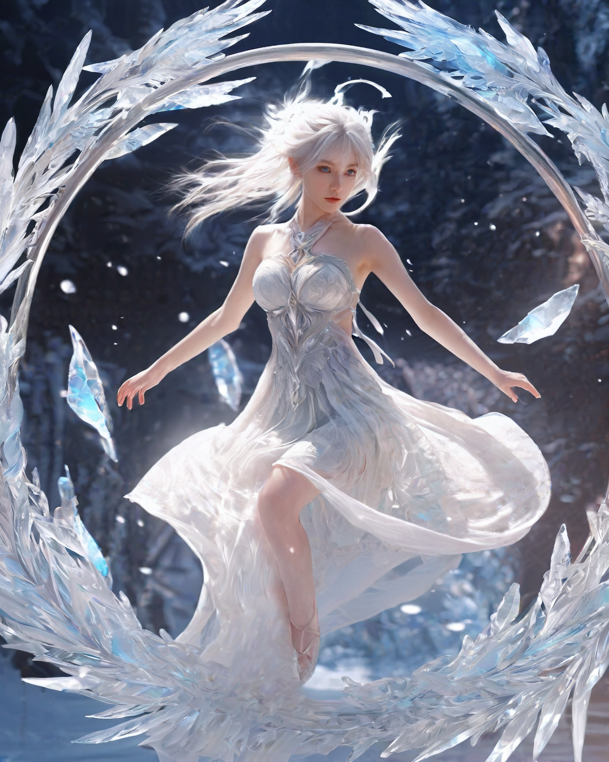<lora:xl0918ice-water:0.9>,ukl,<lora:xl0917ukl-v12:1>,sword-stepping flight,white hair,1girl,ice,(ice ring:1.4),ice and water,High quality,a girl surrounded by an ice ring,masterpiece,wallpaper,(translucent white gauze dress:1.3),(bikini:1.3),ponytail,walking,fantasy,blue eyes,girl suspended in the air,(fly:1.3),
