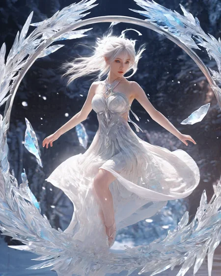 <lora:xl0918ice-water:0.9>,ukl,<lora:xl0917ukl-v12:1>,sword-stepping flight,white hair,1girl,ice,(ice ring:1.4),ice and water,High quality,a girl surrounded by an ice ring,masterpiece,wallpaper,(translucent white gauze dress:1.3),(bikini:1.3),ponytail,walking,fantasy,blue eyes,girl suspended in the air,(fly:1.3),
