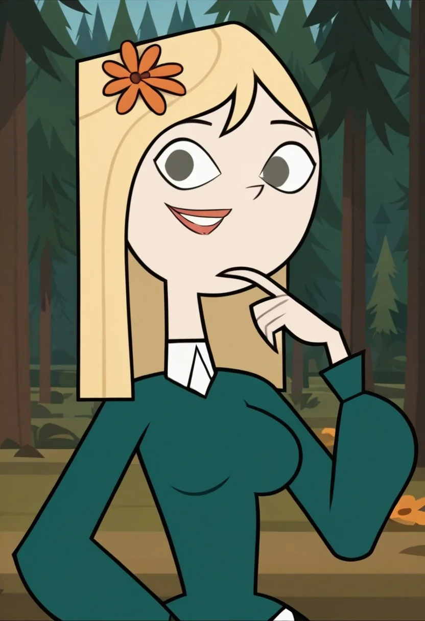 ((Forest background)),score_9, score_8_up, score_7_up,score_6_up,
1girl, solo, Lake_DC, pale skin, gray eyes, light blonde hair, shoulder length hair, straight hair, orange flower on hair, dark teal long-sleeve fitted sweater, short black skirt, long white socks, black shoes, big eyes, tall stature, social smile, perfect eyes, perfect smile, looking at the viewer, big breasts, detailed eyes, perfect eyes, cute, standing, (front pose, bust shot, close up to face, face portrait:1) (hand up, hand on hips)