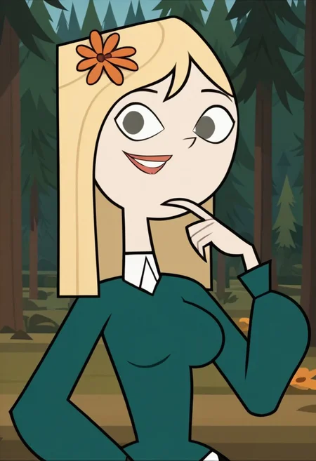 ((Forest background)),score_9, score_8_up, score_7_up,score_6_up, 
1girl, solo, Lake_DC, pale skin, gray eyes, light blonde hair, shoulder length hair, straight hair, orange flower on hair, dark teal long-sleeve fitted sweater, short black skirt, long white socks, black shoes, big eyes, tall stature, social smile, perfect eyes, perfect smile, looking at the viewer, big breasts, detailed eyes, perfect eyes, cute, standing, (front pose, bust shot, close up to face, face portrait:1) (hand up, hand on hips)