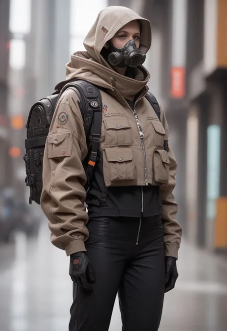 score_9, score_8_up, score_7_up, score_6_up, score_5_up, score_4_up, source_real, cowboy shot, full body, heavy fog, techwear, solo, (scifi gas mask),gloves, long_sleeves, standing, jacket, pants, hood, bag, no_humans, blurry_background, backpack, helmet, robot, mecha, 1other, zipper, science_fiction, realistic, humanoid_robot, Vivid Colors, high Contrast,