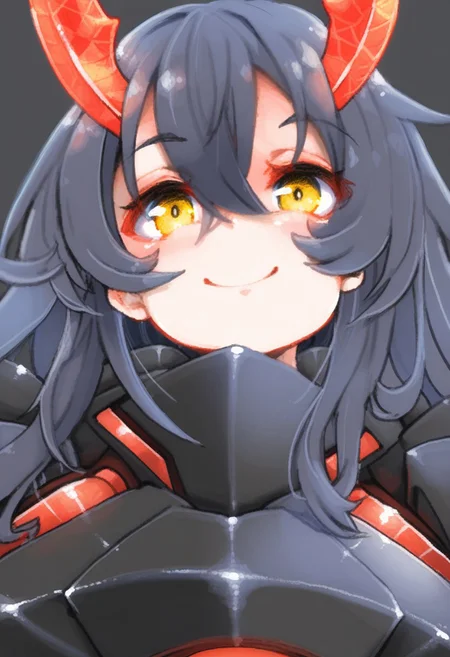 REVAN_STL, hi res,,masterpiece,best quality,amazing quality, highres, yellow eyes, smile, long hair, looking at viewer, 1girl, hair between eyes, simple background, closed mouth, portrait, horns, mecha horns, neon horns,