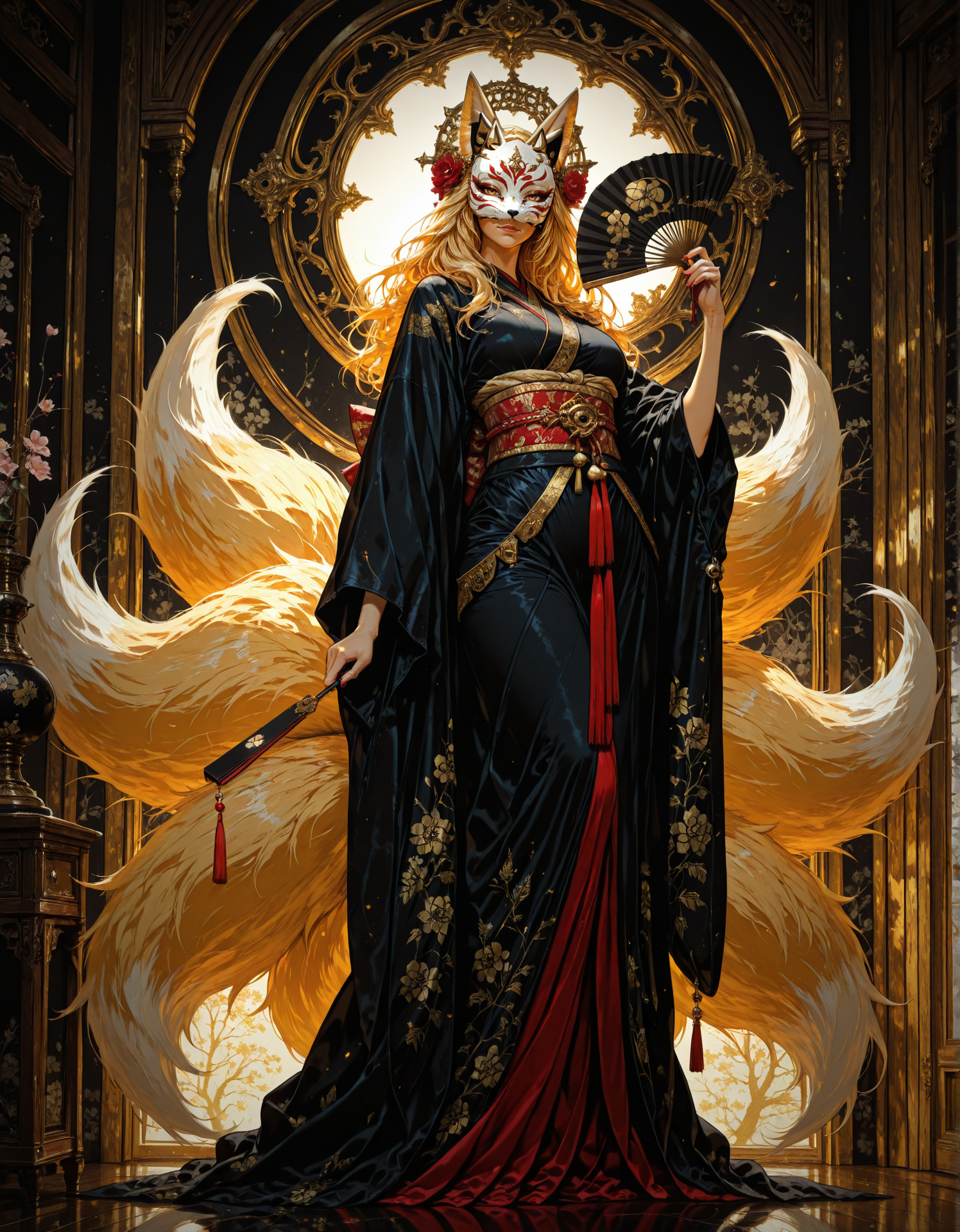 masterpiece, best quality,high quality, newest, highres,8K,HDR,absurdres, 1girl, fox girl, fox mask, kitsune, traditional Japanese attire, kimono, obi, obi sash, floral patterns, black kimono, gold accents, red accents, fox ears, fox tails, multiple tails, fluffy tails, long hair, blonde hair, red hair, ornate headdress, gold headdress, fan, black fan, gold fan, red fan, holding fan, standing pose, full body, detailed background,  <lora:iLLMythM4gicalL1nes:1> M4gicalL1nes