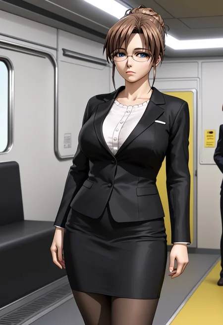 <lora:Misako_Takakura-Ayatsuri_Haramase_DreamNote:0.7>, Misako, mature woman, 1girl, glasses, brown hair, blue eyes, bun, 3D. Realistic, real person, alone, full body,,standing in the train, Black suit jacket, white shirt, black narrow skirt, black sexy pantyhose, big breasts, sleepy, pornographic