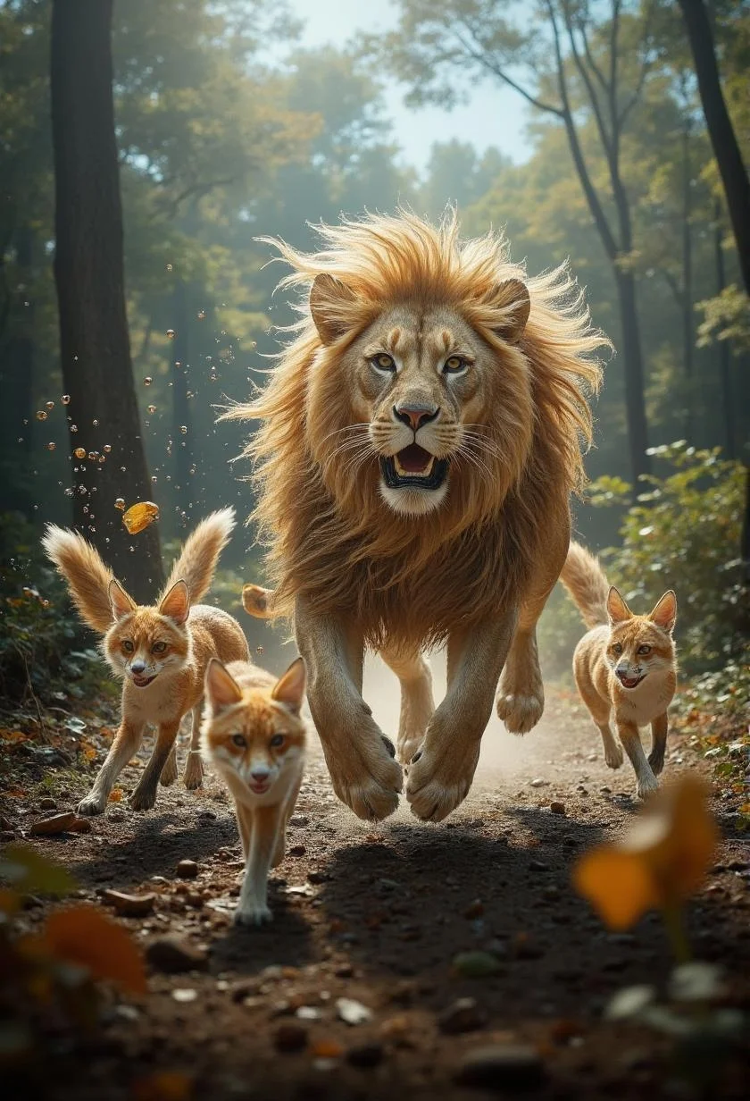 <lora:ck-waterworld.safetensors:1> ck-wtr, transparent, made out of ck-wtr
In the heart of a vibrant forest, a scene unfolds that captures the essence of a wild, adrenaline-fueled chase. The air is thick with the scent of pine and earth, and the sounds of rustling leaves and distant calls create a symphony of nature. At the center of this tableau, a majestic lion, its golden mane flowing like a banner in the wind, races through the underbrush. Its eyes, a fierce amber, are fixed ahead with unwavering determination. The lionās sleek, muscular form is adorned with intricate patterns that shimmer like the vibrant liveries of racing cars, each stripe and spot a testament to its speed and power.
Surrounding the lion, a pack of sleek, agile foxes darts in and out of the foliage, their tails swishing with playful energy. Each fox is a blur of rich red and white, their fur glinting in the sunlight filtering through the canopy. They weave between the trees with the agility and precision of skilled drivers, their movements a dance of coordination and competition. The forest around them is alive, the blurred stands of trees forming a natural grandstand, and the sky above is a brilliant blue, unspoiled by the modern world.
The lionās roar echoes through the forest, a primal call that speaks of power and competition. The foxes respond with high-pitched yips and barks, their enthusiasm matching the lionās intensity. The ground trembles beneath their paws, the leaves and twigs crackling in their wake. The air is filled with the scent of excitement, a blend of earth and fur, as the chase reaches its climax.
In this moment, the forest is transformed into a grand stage, where the thrill of the chase is as palpable as the rush of a NASCAR race. The lion and the foxes, with their animal grace and spirit, bring to life the exhilaration and drama of the race, creating a scene that is both wild and enchanting.