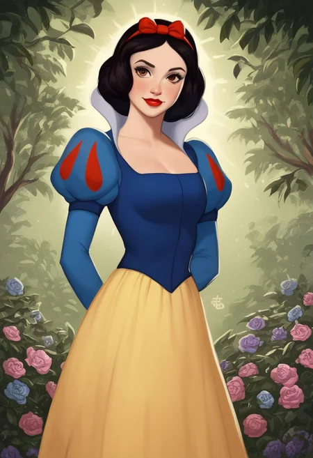 score_9, score_8_up, score_7_up, score_6_up, score_5_up, score_4_up, sexy girl, 1girl, Snowwhite, Disney, \(Snow White and the Seven Dwarfs\)/,(ultra HD quality details), brown eyes, black hair, bobbed hair, pale skin, blue sleeves with red slashing, puffy sleeves, yellow skirt, laced petticoat, dress, white collar,
makeup, red lipstick, red hair bow, modest smile, modest look, seducing viewer, hearts, posing, sexy pose, solo, hairband, large saggy boobs, fantasy forest, apple tree, submission, flowers, sun light, cinematic lightings