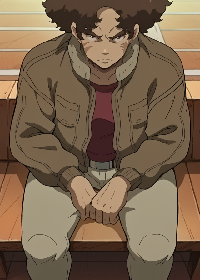 score_9,score_8_up,core_7_up, score_9,, <lora:Megalobox_ã¡ã¬ã­ãã¯ã¹_Megarobokusu_-_YÅ_Moriyama:1> <lora:Gearless_Joe_-_PonyXL:1> source_anime, megalobox style, gearlessjoe, Joe clean shaven, Close-up, brown hair, bomber jacket , khaki pants,  Serious:1.2, Kneeling on one knee at cafe terrace, outdoor seating, aromatic coffee, socializing, 1man, solo