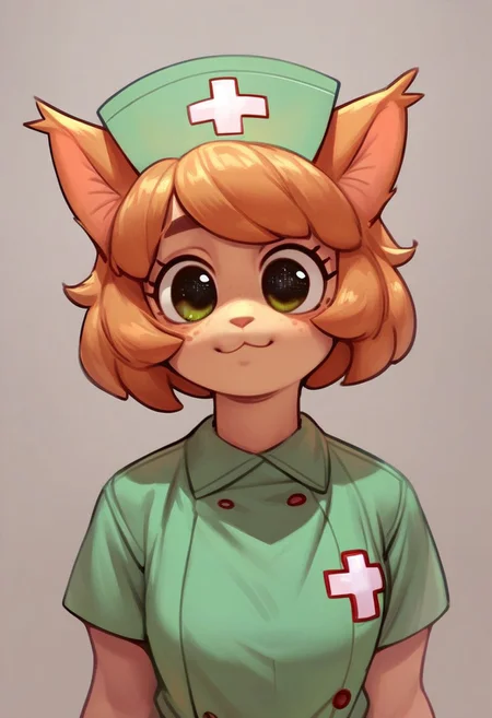 chelodoy, Chelodoy_PS, score_9, score_8_up, score_7_up, score_6_up, source_anime, high res image,masterpiece,best quality, cat girl,cute face,clear skin,shiny hair,ultra detailed eyes,simple background, nurse, green dress, nurse cap