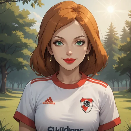 score_9, score_8, BREAK, solo, light brown hair, green eyes, red lips, lipstick, earrings, RiverPlate, striped shirt, striped, shirt, white shirt, short sleeves, clothes writing, sportswear, soccer uniform, breasts, Scarlet_(Sonic_X), sexy pose, self portrait, smile, looking at viewer, outdoors, sunlight, shadows, evening lighting, natural lighting, forest, trees, grass, orange sky, sunset