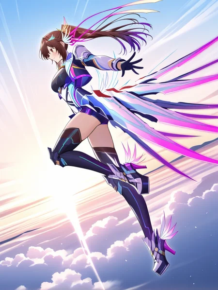 perfect quality,best quality,absolutely eye-catching,ambient occlusion,raytracing BREAK
1girl,<lora:sinnkyuu IL v1.1:1>,sinnkyuu,brown eyes,brown hair,ponytail,hair ornament,long sleeves,open coat,edge skirt,thighhighs,high heels,sky,flying,wind,purple edge,short shorts,from side,outstretched_arms,