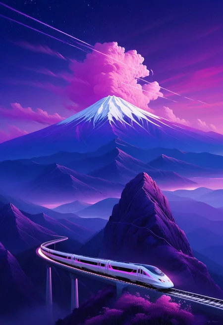 ultra realistic, style, HIGH-SPEED TRAIN journey through mountainous landscape at twilight. Dramatic sky filled with pink and purple clouds, scattered stars. Modern bullet train (white/blue, sleek design, glowing headlights) on tracks along steep mountain ridge. Electric power lines parallel to tracks. Deep mountain valleys fade into distance. Purple color palette dominates, creating dreamlike atmosphere. Landscape shows atmospheric perspective with mountains in graduating purple tones. Synthwave aesthetic with surreal lighting. Composition emphasizes movement and scale, contrasting modern technology against timeless nature