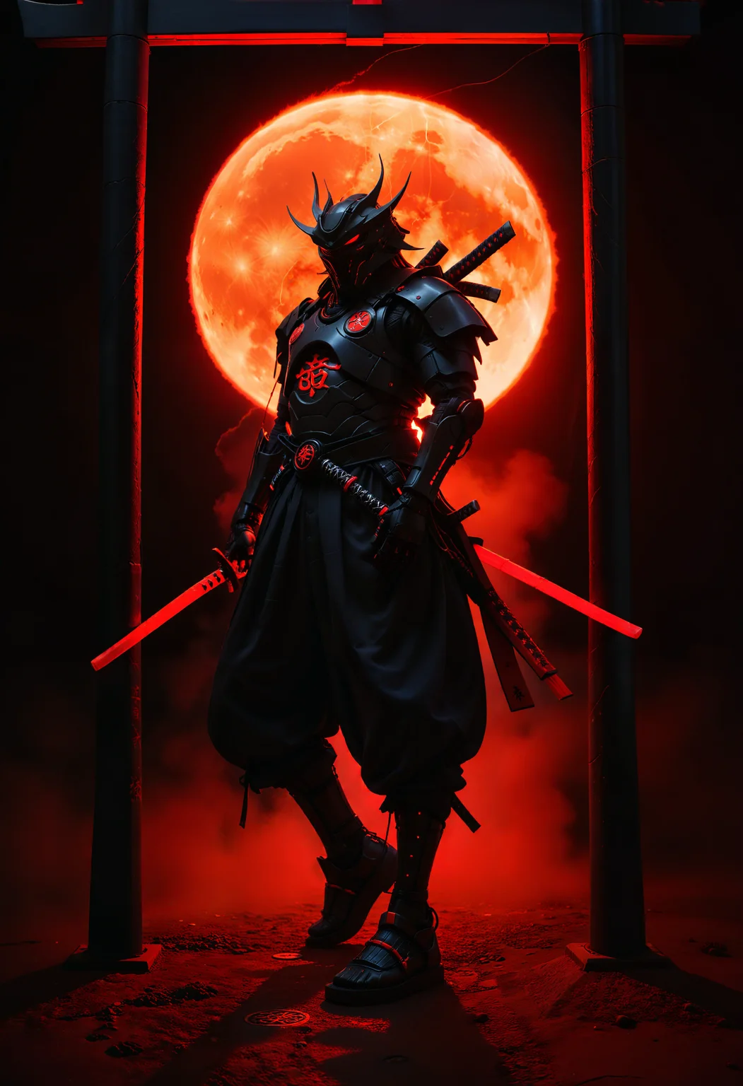 cinematic film still samurai balancing on one leg flawlessly on top of a pole, the red moon highlights the subject, night, rimlight, darkness, dark, low-key, chiaroscuro, symmetry, elegance,
cyberpunk dystopia, megabuildings, advertisement, neon signs, dystopia, electrical wiring, loose wires,
mecha, robot, armor, mechanical arms, science fiction, no humans, samurai, japanese symbols
from below, low angle, fisheye lens, wide angle lens,
Glow, red mist, red smoke, red fog
<lora:ES_Kurosawa_Samurai:0.7>, <lora:zavy-cntrst-sdxl:0.5>, <lora:zavy-rmlght-sdxl:0.7>, <lora:- SDXL - vanta-black_contrast_V3.0:0.7>, <lora:DetailMaximizer:1> . shallow depth of field, vignette, highly detailed, high budget, bokeh, cinemascope, moody, epic, gorgeous, film grain, grainy