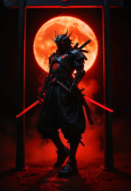 cinematic film still samurai balancing on one leg flawlessly on top of a pole, the red moon highlights the subject, night, rimlight, darkness, dark, low-key, chiaroscuro, symmetry, elegance,
cyberpunk dystopia, megabuildings, advertisement, neon signs, dystopia, electrical wiring, loose wires,
mecha, robot, armor, mechanical arms, science fiction, no humans, samurai, japanese symbols
from below, low angle, fisheye lens, wide angle lens,
Glow, red mist, red smoke, red fog
<lora:ES_Kurosawa_Samurai:0.7>, <lora:zavy-cntrst-sdxl:0.5>, <lora:zavy-rmlght-sdxl:0.7>, <lora:- SDXL - vanta-black_contrast_V3.0:0.7>, <lora:DetailMaximizer:1> . shallow depth of field, vignette, highly detailed, high budget, bokeh, cinemascope, moody, epic, gorgeous, film grain, grainy