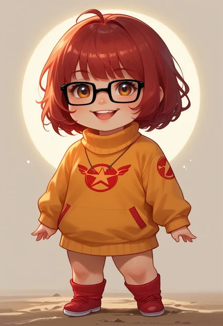 score_9, score_8_up, score_7_up, source_anime, solo, adorable chibi Velma Dinkly, happy, Velma's clothes, (chibi body:1.4), (indirect lighting, dynamic lighting:1.4), simple background, chibi art style, (detailed image, high resolution, 5k resolution:1.0), (realistic style, chibi art style, las lindas Art Style:1.2)