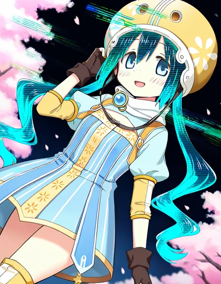 masterpiece, best quality, newest, absurdres, highres, safe, 1girl, yukari miyuri, magia record: mahou shoujo madoka magica gaiden, glitch hair, glitch, aqua hair, solo, smile, open mouth, outdoors, cherry blossoms, night, dutch angle, <lora:yukari_miyuri_noobaiXLNAIXL_vPred10Version:0.7>