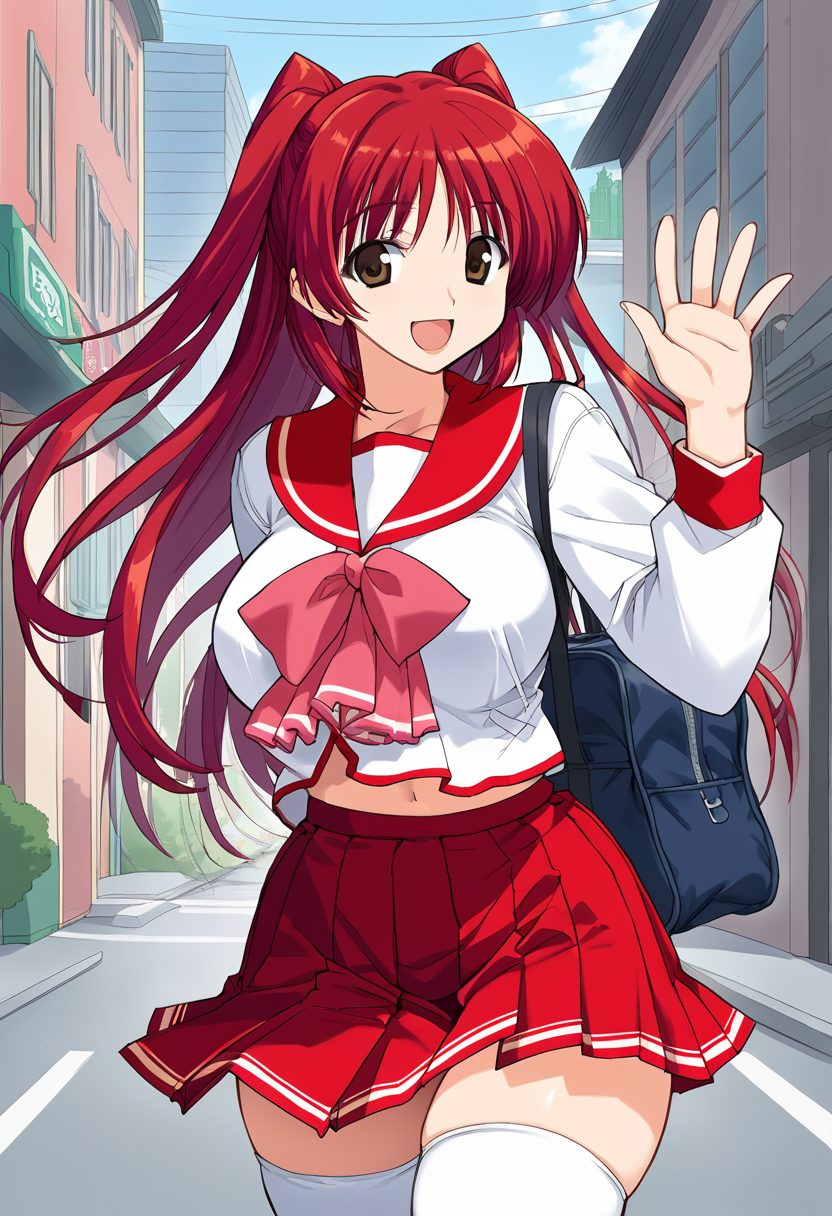 score_9, score_8_up, score_7_up, source_anime BREAK 1girl, solo, <lora:toheart_tamaki:1>, cowboy shot, toheart_tamaki, school uniform, serafuku, red sailor collar, pink bowtie, long sleeves, red skirt, mini skirt, white thighhighs, large breasts, wide hips, curvy, red hair, twintails, two side up, bangs, long hair, looking at viewer, smile, open mouth, waving hand, school bag, city, <lora:zy_Detailed_Backgrounds_v1:0.5>