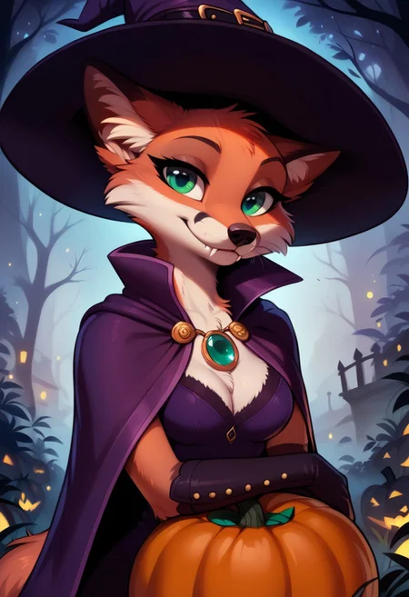 score_9, score_8_up, score_7_up, highres, high quality, perfection,
BREAK 
1girl, (solo: 2.0), girl alone, front view, halloween,
BREAK 
furry female, fox girl, (anthro fox girl: 1.2), beautiful girl, cute girl, adult, 20 years old, detailed body, detailed fur,  shapely girl, (slim body: 1.2), petite body, (bald_girl: 1.2), (baldness: 2.0), detailed face, beautiful face, eyelashes, (green eyes: 1.2), perfect eyes, detailed eyes, fangs, whiskers, medium breasts, fluffy tail,
clothed, (wizard: 1.3), purple robe, purple dress, high collar, cape, purple wizard hat, pendant with green gem,
sitting, legs crossed, (hugging pumpkin: 1.4), smiling, looking at viewer,
BREAK
outdoors, detailed background,