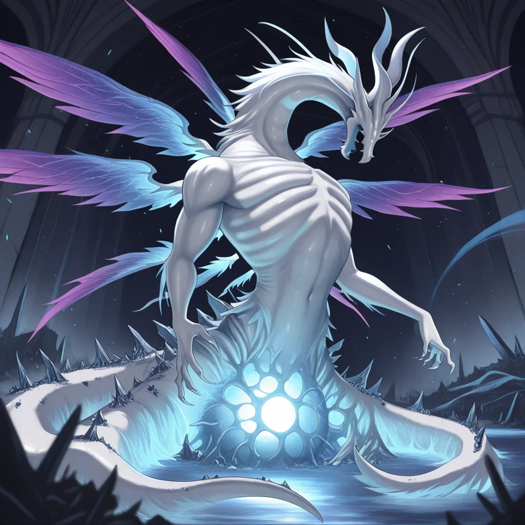 <lora:Seath_the_Scaleless_Dark_souls_-_PonyIllustrious_r2:1>masterpiece, amazing quality, best quality, SeathDS1, 1boy, solo, dragon, albino, humanoid torso, white skin, eyeless, frills, blue-violet wings, multiple wings, ribcage, tentacles, gaunt, unique design, elegant, tail, claws, mythical creature
