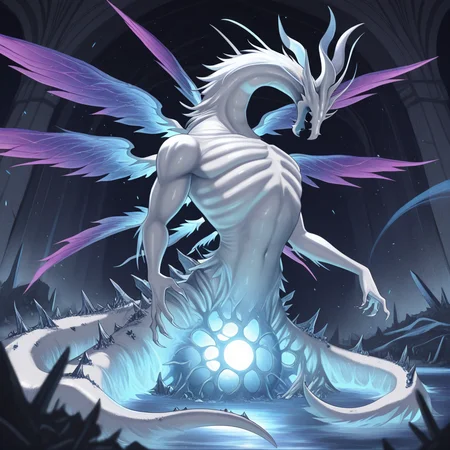 <lora:Seath_the_Scaleless_Dark_souls_-_PonyIllustrious_r2:1>masterpiece, amazing quality, best quality, SeathDS1, 1boy, solo, dragon, albino, humanoid torso, white skin, eyeless, frills, blue-violet wings, multiple wings, ribcage, tentacles, gaunt, unique design, elegant, tail, claws, mythical creature