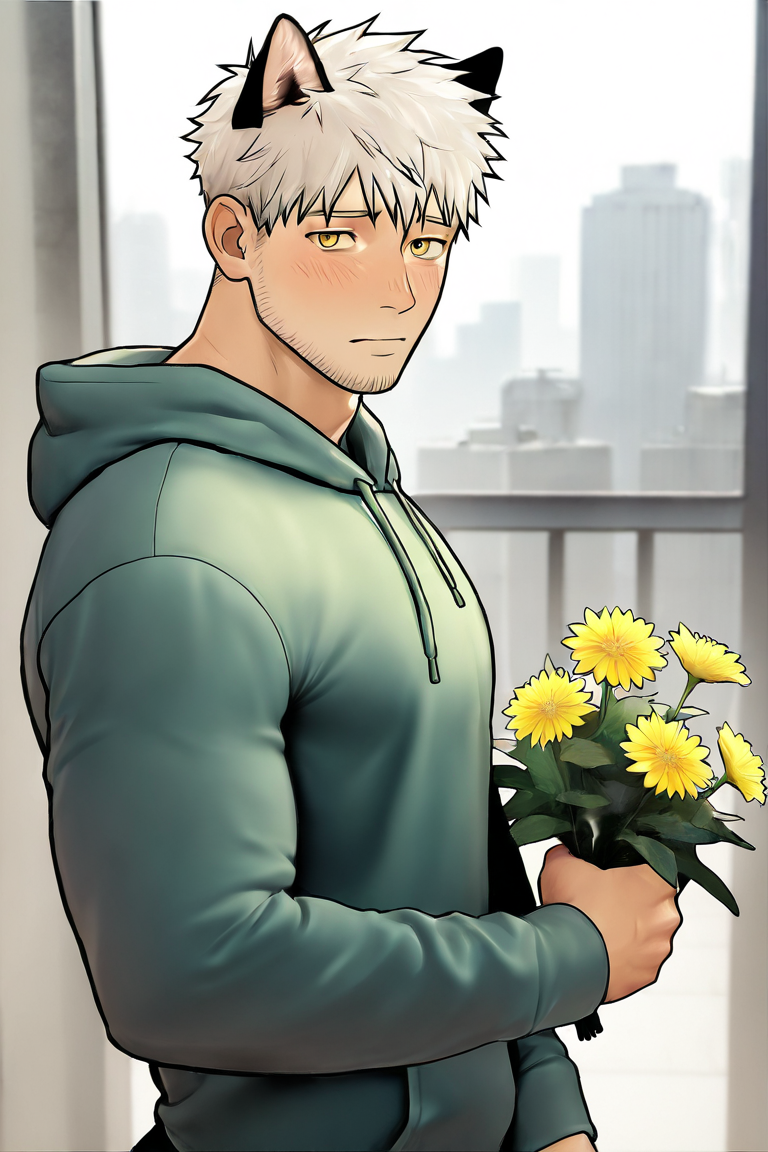 masterpiece, best quality, highres, newest, 1boy, bara, solo, male focus, mature male, short hair, white hair, yellow eyes, looking at viewer, upper body, blush, shy, standing, green hoodie, lond long sleeves, animal ears, cat ears, cat boy, holding flower, holding bouquet, outdoors, city, building <lora:OIS - Bara Style 3 [LoRA] - NoobAI-XL EPS 1.0:0.7>