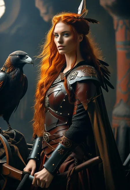 ,dark fantasy, cosplay, upper body shot, Boudica, queen of the ancient Britons, a warrior princess , long red hair, brown leather armour, crow feathered shoulder mantle, on a chariot, high-detail portrait with celtic, symbols surreal and nostalgic, vintage cult-like vibe, dark and shadowy environment, Caravaggio meets frank Frezetta, masterpiece,Dark Cinematic Film Style