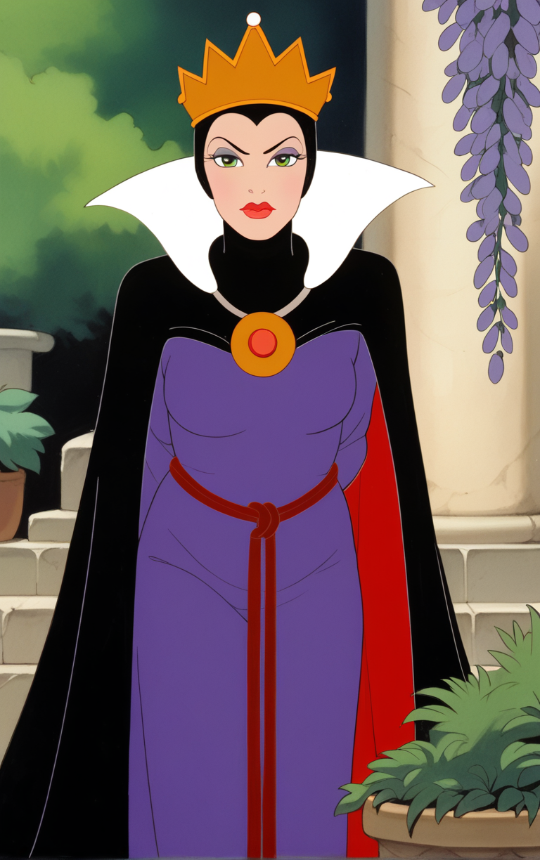 score_9, score_8_up, score_7_up, looking at viewer,  BREAK
Dress_QueenGrimhilde_ownwaifu,
1girl, crown,  makeup, lipstick, red lips,  green eyes,  eyeshadow, breasts,
red rope, rope belt, cape, dress, long sleeves, brooch, gem, robe, wide sleeves, purple dress, purple cape,  jewelry, high collar, silk,
(leaning forward, arms behind back), cowboy shot, garden, wisteria, outdoors, <lora:PONYXL_SnowWhite_QueenGrimhilde_ownwaifu:0.7> , depth of field, solo,