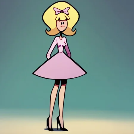 cartoon, score_9, score_8_up, score_7_up BREAK debTO, 1girl, tall blonde hair, big blonde hair, black eyes, pink bow, light pink shirt, longsleeved light pink shirt, pink skirt, pink high-heeled shoes, high-heeled shoes, source_cartoon,