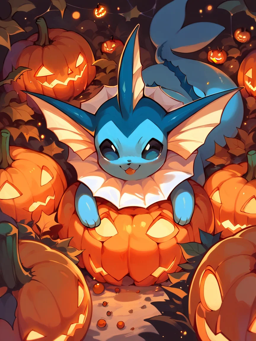 score_9, score_8_up, score_7_up, score_6_up, score_5_up, <lora:halloweenpokemonXLP:1> halloween pokemon, no humans, jack-o'-lantern, (vaporeon:1), candy,