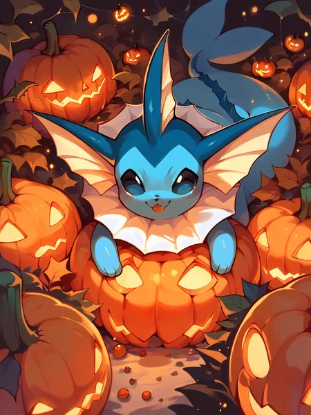 score_9, score_8_up, score_7_up, score_6_up, score_5_up,   <lora:halloweenpokemonXLP:1> halloween pokemon, no humans, jack-o'-lantern, (vaporeon:1), candy,