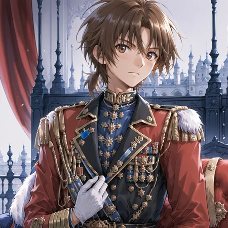 safe_pos, safe_pos, Score_9,score_8_up,score_7_up, Highly detailed, masterpiece, high quality, beautiful, high resolution, good details, 1boy, 1boy, sexy (cute petite boy), source_anime, skinny, aged down, petite, Boy, detailed background, gloves, 

dan_kuso, brown hair, brown eyes, 

, aiguillette, military, uniform, male focus, looking at viewer, white gloves, epaulettes