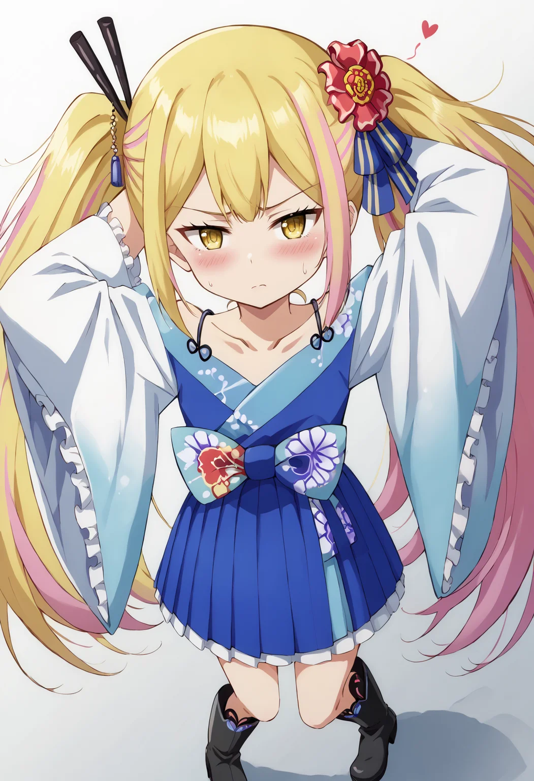 score_9, score_7_up, score_6_up, source_anime, uncensored, zPDXLxxx, <lora:intricate_details:1> intricate_details_xl, gradient background, heart background, (depressed:1.25), soft focus, pov, from above,
<lora:ASBoE_SaraDaOdin_v1.0:1> SaraGD,SaraGD, SaraGD, sara da odin, default outfit, 1girl, solo, blonde hair, pink hair, multicolored hair, streaked hair, twintails, long hair, hair ornament, hair flower, yellow eyes, wide sleeves, dress, frills, blue dress, wide sleeves, long sleeves, japanese clothes, kimono, floral print, blue bow, collarbone, black footwear, boots, arms behind head, daydreaming, spark, sweatdrop,