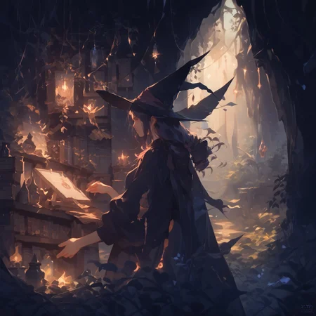 high elf, hermit witch, jill stingray, (twintails:1.2), dark purple hair, red eyes. fantasy sorceress clothes, from side, taking out a book from a bookcase, library, 0ddmag1c, oddity, ((clean lines, source: anime, detailed fingers, high quality, best quality, masterpiece, rating: g score: 9, score: 8 up)), in well lit cave, tree roots, small fairy lanterns, witch tools, great lighting, floating shining stars, shining golden particles, perfect hands, great lighting, d4rkv1b3,