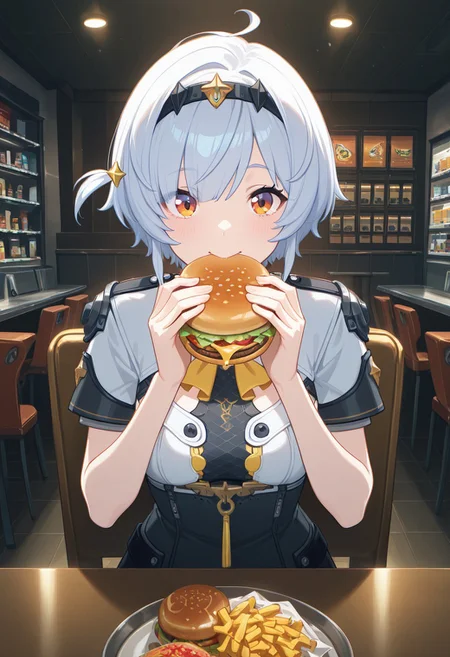 masterpiece, best quality, 4k, expressive eyes, perfect face, high detail, bloom, lens flare, godrays, post processing, cinematic lighting, volumetric lighting, 1girl, Anby Soldier 0, solo, white hair, hair-band, star hair-band decoration, side ahoge, short hair, orange eyes,detailed eyes,combat suit, high collar, star brooch, chest mesh, short sleeves, happy, Sitting, chair, holding food, eating, front view, indoors, burger store, looking at viewer