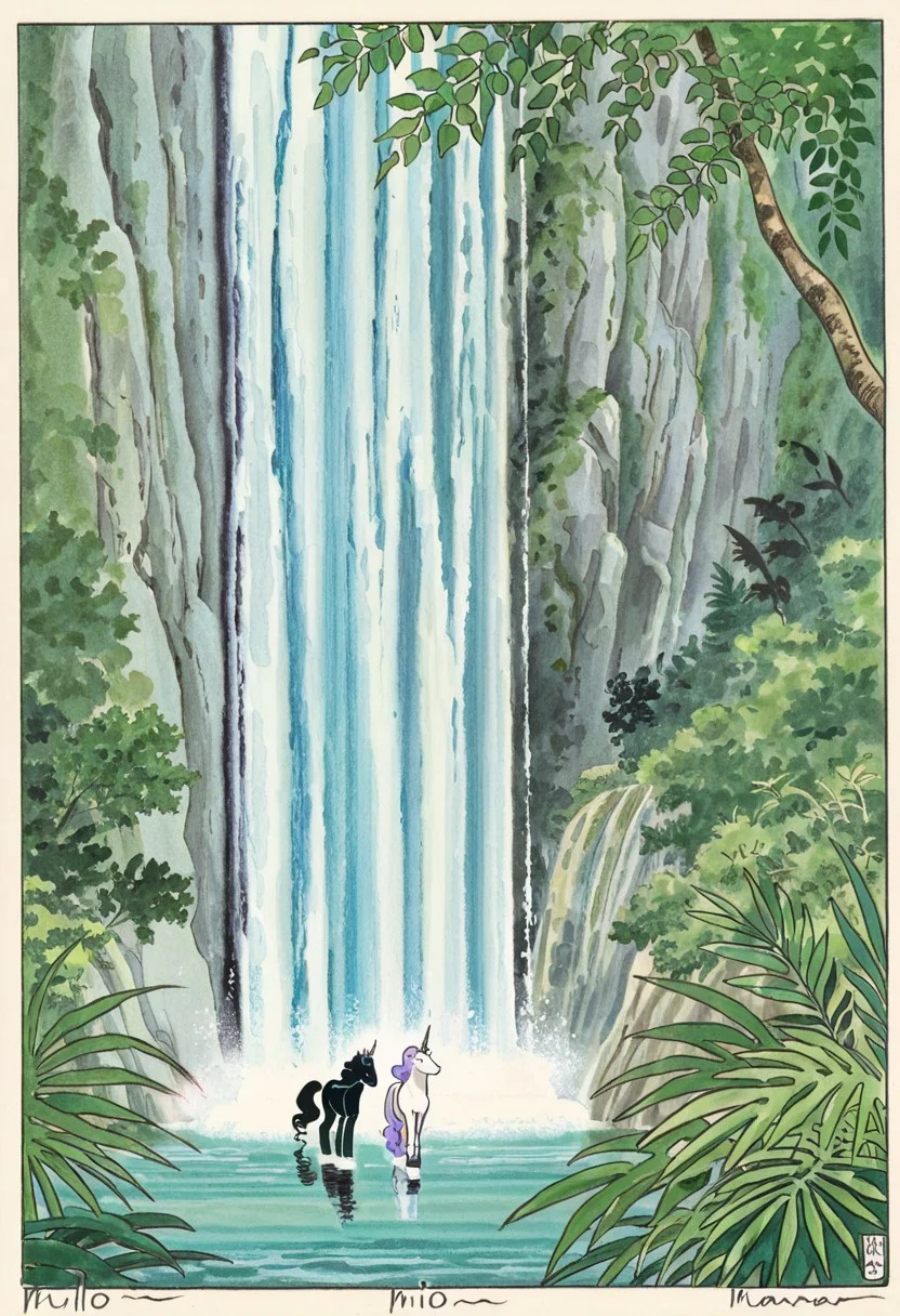A black princess and her white unicorn, in the jungle river side and a waterfall, milo manara watercolors art style,