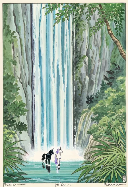 A black princess and her white unicorn, in the jungle river side and a waterfall, milo manara watercolors art style,