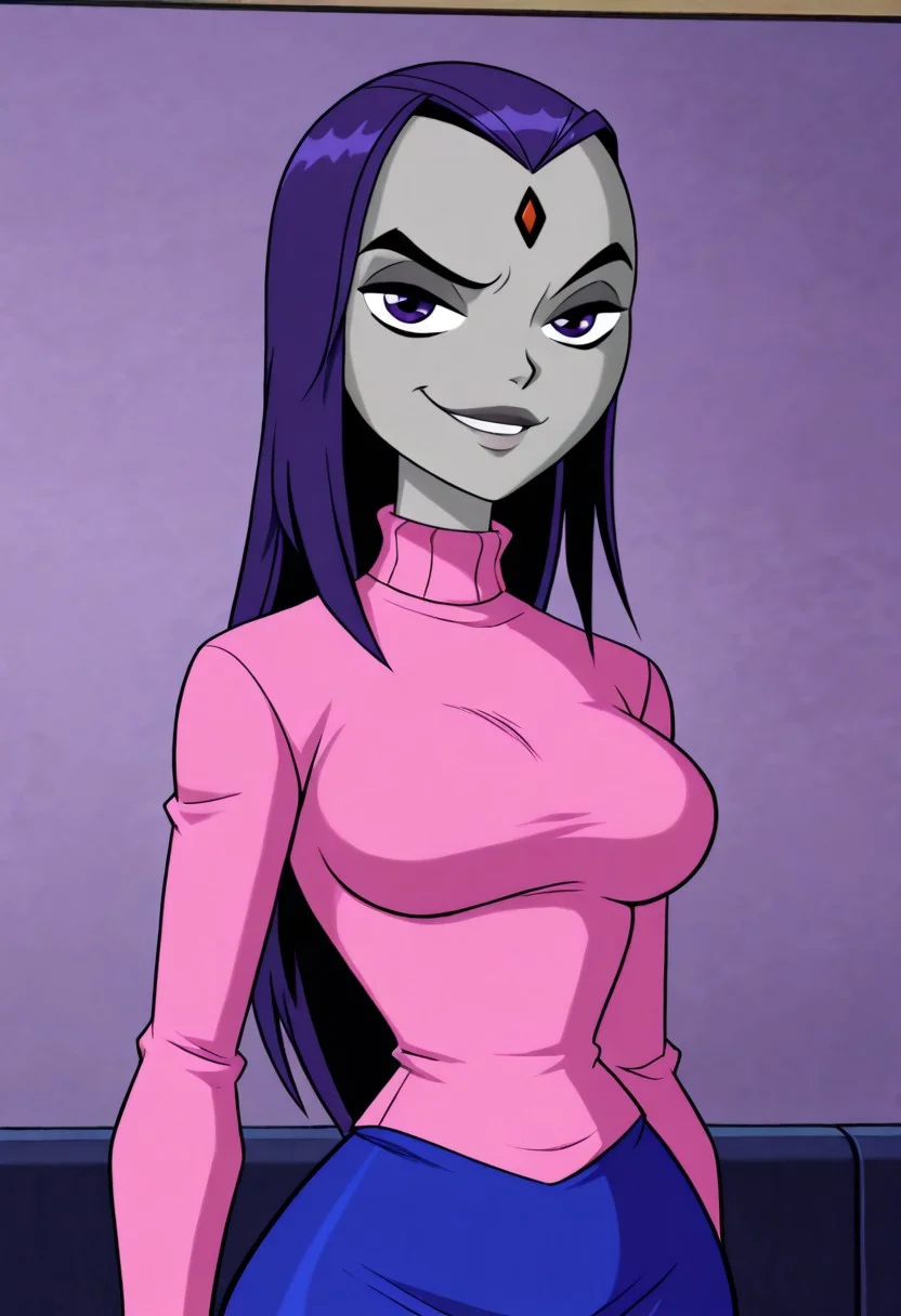 score_9, score_8_up, score_7_up, ultra quality, solo, 1girl, raventt, grey skin, purple, purple eyes, purple hair, long hair, forehead jewel, pink sweater, blue skirt, milf, mature female, smug smile, hips focus, breasts, big hips, big butt, bubble butt, curvy, narrow waist, standing, upper body, looking to the viewer, close up, screencap