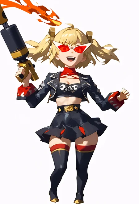 score_9, score_8_up, score_7_up, source_anime, 1girl, solo, smile,
(sunglasses, rimless eyewear:1.4),
(windwakerstyle, 3d:1.4), full body, white background,
(ffviichibis:1.2), chibi, standing, full body, white background,
KJOburnice, blonde hair, orange eyes, twintails, two side up, (midriff, navel, holding flamethrower, fire:1.4), miniskirt, zettai ryouiki, open clothes, black jacket, open jacket, tinted eyewear, jacket, cleavage, thigh highs, black skirt, skirt, belt, long sleeves, (small waist, wide hips:1.4), laughing,